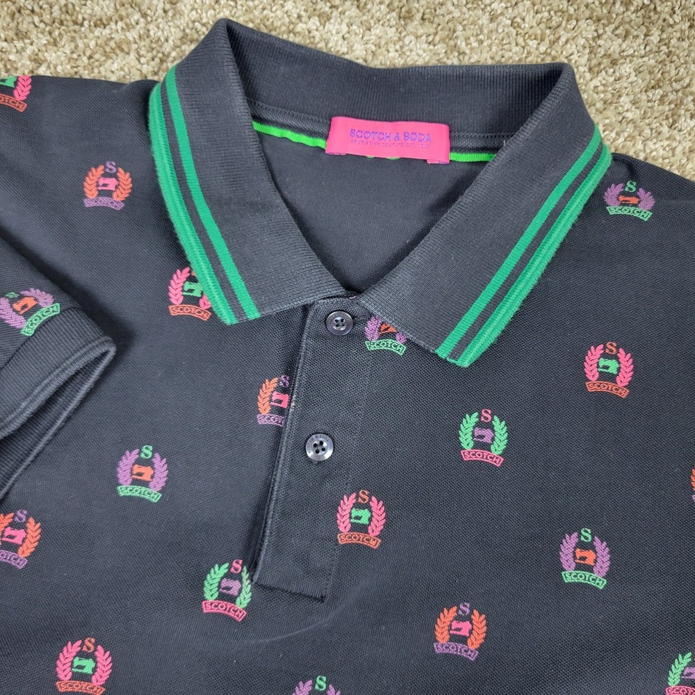 Scotch & Soda Mens Small Black AOP Logo Stretch Knit Polo Short Sleeve